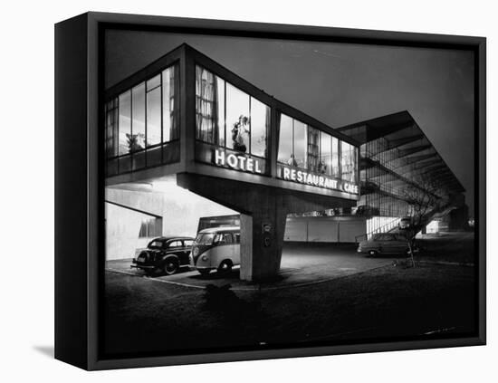 New Motel, Restaurant and Glass and Steel Garage-Ralph Crane-Framed Stretched Canvas