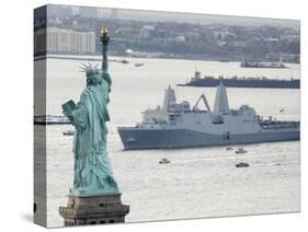 New Navy Assault Ship USS New York, Built with World Trade Center Steel, Passes Statue of Liberty-null-Stretched Canvas