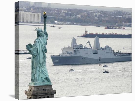 New Navy Assault Ship USS New York, Built with World Trade Center Steel, Passes Statue of Liberty-null-Stretched Canvas