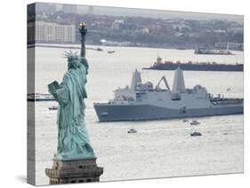 New Navy Assault Ship USS New York, Built with World Trade Center Steel, Passes Statue of Liberty-null-Stretched Canvas