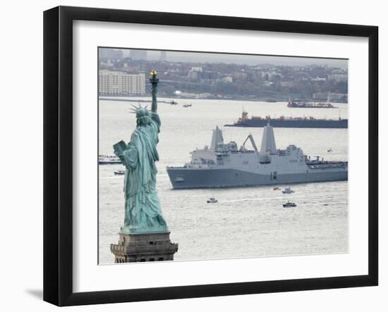 New Navy Assault Ship USS New York, Built with World Trade Center Steel, Passes Statue of Liberty-null-Framed Premium Photographic Print