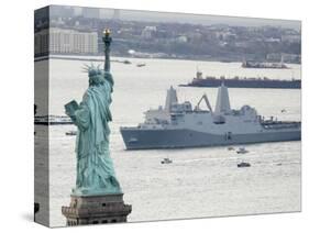 New Navy Assault Ship USS New York, Built with World Trade Center Steel, Passes Statue of Liberty-null-Stretched Canvas
