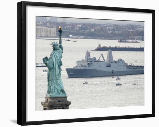 New Navy Assault Ship USS New York, Built with World Trade Center Steel, Passes Statue of Liberty-null-Framed Photographic Print