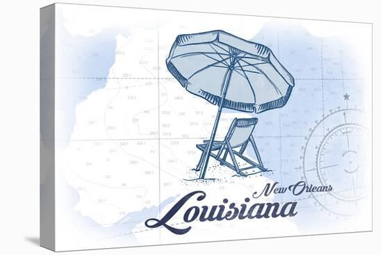 New Orleans, Louisiana - Beach Chair and Umbrella - Blue - Coastal Icon-Lantern Press-Stretched Canvas