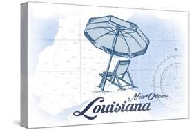 New Orleans, Louisiana - Beach Chair and Umbrella - Blue - Coastal Icon-Lantern Press-Stretched Canvas