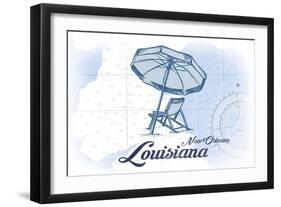 New Orleans, Louisiana - Beach Chair and Umbrella - Blue - Coastal Icon-Lantern Press-Framed Art Print