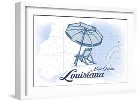 New Orleans, Louisiana - Beach Chair and Umbrella - Blue - Coastal Icon-Lantern Press-Framed Art Print