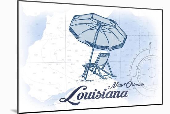 New Orleans, Louisiana - Beach Chair and Umbrella - Blue - Coastal Icon-Lantern Press-Mounted Art Print