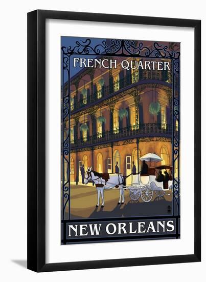 New Orleans, Louisiana - French Quarter at Night - Lantern Press Original Poster-Lantern Press-Framed Art Print