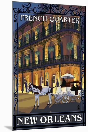 New Orleans, Louisiana - French Quarter at Night - Lantern Press Original Poster-Lantern Press-Mounted Art Print