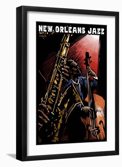 New Orleans, Louisiana - Jazz Band - Scratchboard-Lantern Press-Framed Art Print