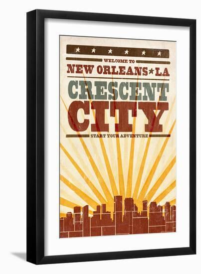 New Orleans, Louisiana - Skyline and Sunburst Screenprint Style-Lantern Press-Framed Art Print