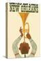 New Orleans - Vintage United Air Lines Travel Poster - Jazz Trumpet Player 1960s-Pacifica Island Art-Stretched Canvas