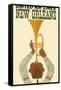 New Orleans - Vintage United Air Lines Travel Poster - Jazz Trumpet Player 1960s-Pacifica Island Art-Framed Stretched Canvas