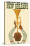 New Orleans - Vintage United Air Lines Travel Poster - Jazz Trumpet Player 1960s-Pacifica Island Art-Stretched Canvas