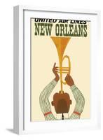 New Orleans - Vintage United Air Lines Travel Poster - Jazz Trumpet Player 1960s-Pacifica Island Art-Framed Art Print