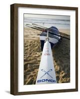 New South Wales, Sydney, A Surfboat Sits on Beach at Bondi in Sydney's Eastern Beaches, Australia-Andrew Watson-Framed Photographic Print