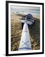 New South Wales, Sydney, A Surfboat Sits on Beach at Bondi in Sydney's Eastern Beaches, Australia-Andrew Watson-Framed Photographic Print