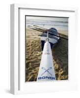 New South Wales, Sydney, A Surfboat Sits on Beach at Bondi in Sydney's Eastern Beaches, Australia-Andrew Watson-Framed Photographic Print