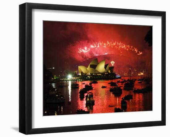 New South Wales, Sydney, Opera House and Coathanger Bridge with Boats in Sydney Harbour, Australia-Christian Kober-Framed Premium Photographic Print