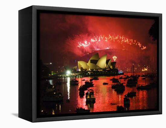 New South Wales, Sydney, Opera House and Coathanger Bridge with Boats in Sydney Harbour, Australia-Christian Kober-Framed Stretched Canvas
