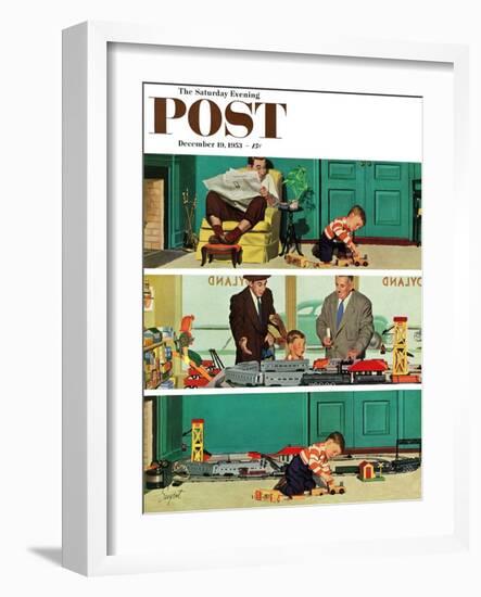 "New Toy Train" Saturday Evening Post Cover, December 19, 1953-Richard Sargent-Framed Giclee Print