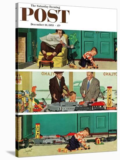 "New Toy Train" Saturday Evening Post Cover, December 19, 1953-Richard Sargent-Stretched Canvas