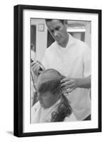 New U.S. Army draft recruit getting his hair cut by a barber, May 15 1967-Warren K. Leffler-Framed Photographic Print