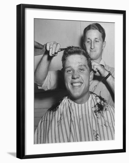 New US Sailor Getting a Haircut at the Great Lakes Naval Training Station-Bernard Hoffman-Framed Premium Photographic Print