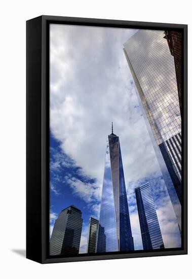 New World Trade Center Glass Building Skyscraper Skyline Blue Clouds Reflection New York City, Ny-William Perry-Framed Stretched Canvas