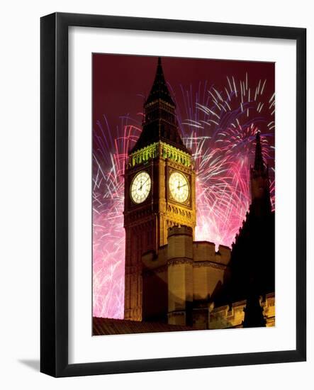 New Year Fireworks and Big Ben, Houses of Parliament, Westminster, London, England, United Kingdom,-Frank Fell-Framed Photographic Print