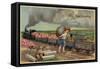 New Year Greeting - Little Boy Dumping Money in Train-Lantern Press-Framed Stretched Canvas