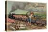 New Year Greeting - Little Boy Dumping Money in Train-Lantern Press-Stretched Canvas