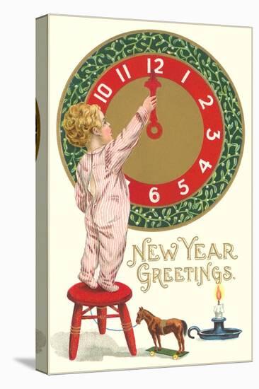 New Year Greetings, Victorian Boy with Clock-null-Stretched Canvas