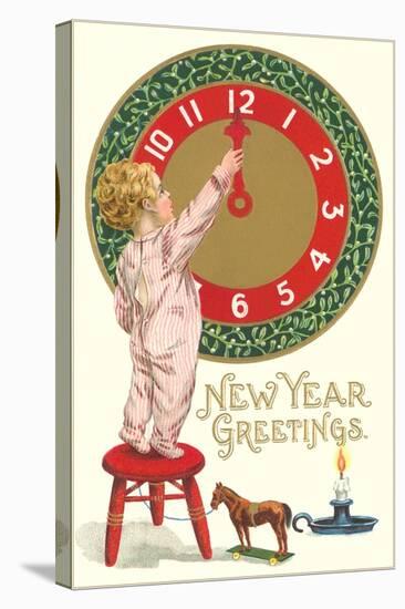 New Year Greetings, Victorian Boy with Clock-null-Stretched Canvas