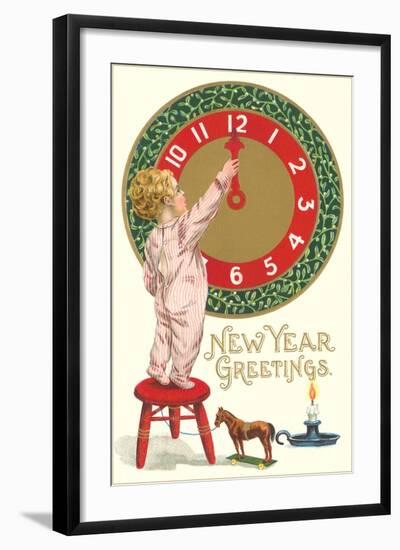 New Year Greetings, Victorian Boy with Clock-null-Framed Art Print