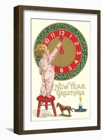 New Year Greetings, Victorian Boy with Clock-null-Framed Art Print