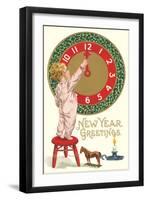 New Year Greetings, Victorian Boy with Clock-null-Framed Art Print