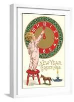 New Year Greetings, Victorian Boy with Clock-null-Framed Art Print