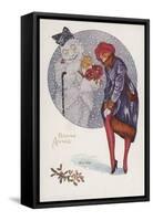 New Year's Card with a Girl and a Snowman (Colour Litho)-Xavier Sager-Framed Stretched Canvas