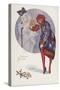 New Year's Card with a Girl and a Snowman (Colour Litho)-Xavier Sager-Stretched Canvas