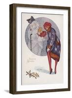 New Year's Card with a Girl and a Snowman (Colour Litho)-Xavier Sager-Framed Giclee Print