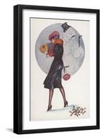 New Year's Card with a Girl and a Snowman (Colour Litho)-Xavier Sager-Framed Giclee Print