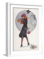 New Year's Card with a Girl and a Snowman (Colour Litho)-Xavier Sager-Framed Giclee Print