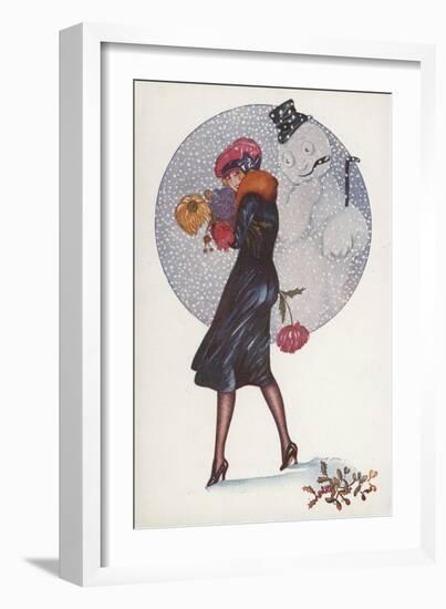 New Year's Card with a Girl and a Snowman (Colour Litho)-Xavier Sager-Framed Giclee Print