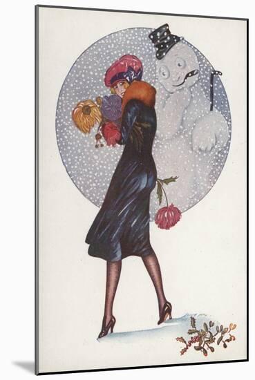 New Year's Card with a Girl and a Snowman (Colour Litho)-Xavier Sager-Mounted Giclee Print