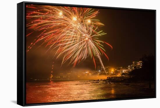 New Year's Eve Fireworks, Kings Beach, Sunshine Coast, Queensland, Australia-Mark A Johnson-Framed Stretched Canvas