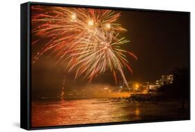 New Year's Eve Fireworks, Kings Beach, Sunshine Coast, Queensland, Australia-Mark A Johnson-Framed Stretched Canvas