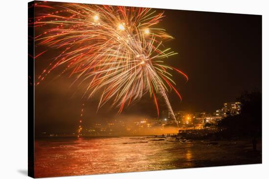 New Year's Eve Fireworks, Kings Beach, Sunshine Coast, Queensland, Australia-Mark A Johnson-Stretched Canvas