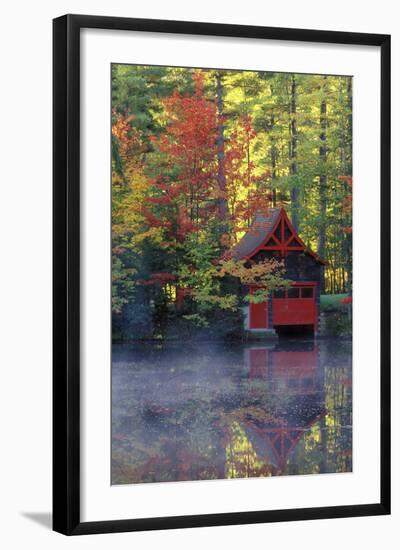 New York, Adirondack Mountains. Boathouse in Autumn Along the Lake-Jaynes Gallery-Framed Photographic Print